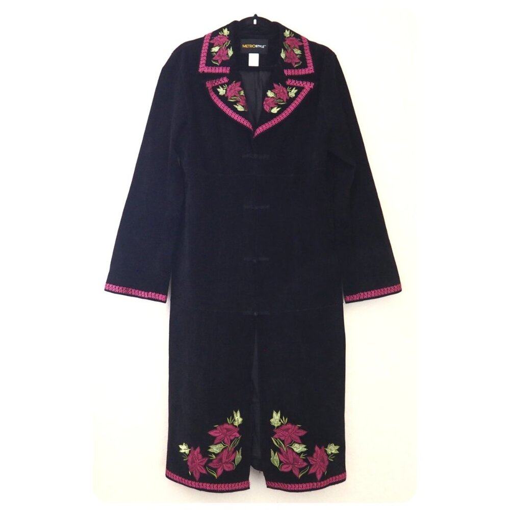 Vintage MetroStyle Black Suede Floral Embroidered Trench Coat sz 12